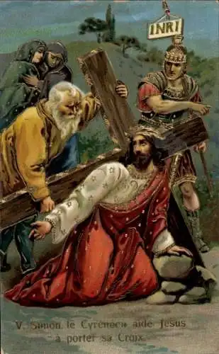 Ak-Kreuzwegstationen, Simon der Zyrenäer hilft Jesus, sein Kreuz zu tragen