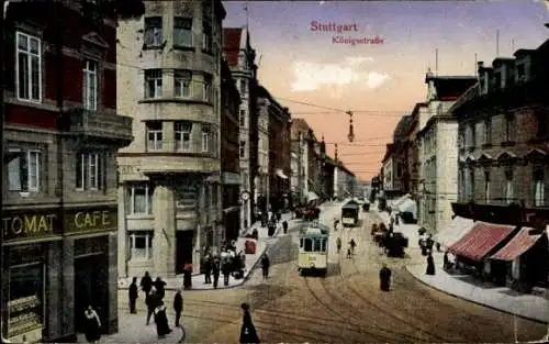Ak Stuttgart in Württemberg, Königsstraße, Automat-Café, Straßenbahn