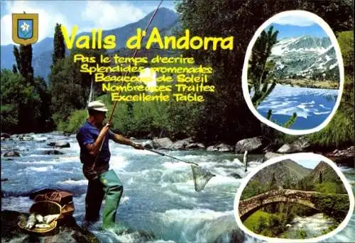 Ak Andorra, Angler, Fische, Brücke, Gesamtansicht, Gebirge
