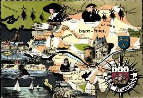 Landkarten Ak Bretagne, Wappen, Bretonische Tracht, Retz, Briere, Breiz-Huel