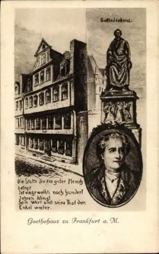 Künstler Ak Liebig, Frankfurt am Main, Goethehaus, Goethedenkmal, Goethe, Portrait