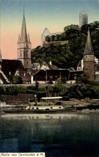 Ak Gemünden am Main Unterfranken, Teilansicht, Kirchturm, Ruine