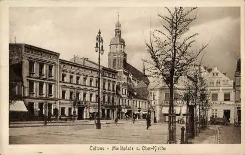 Ak Cottbus in der Niederlausitz, Marktplatz und Oberkirche, Geschäfte