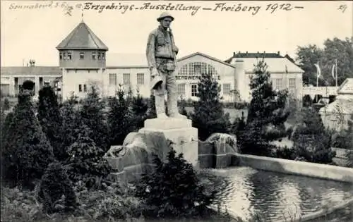 Ak Freiberg in Sachsen, Erzgebirgsausstellung 1912, Bergwerkshalle, Bergmannsbrunnen
