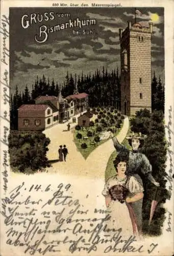 Litho Suhl in Thüringen, Bismarkturm, Frauen in Tracht