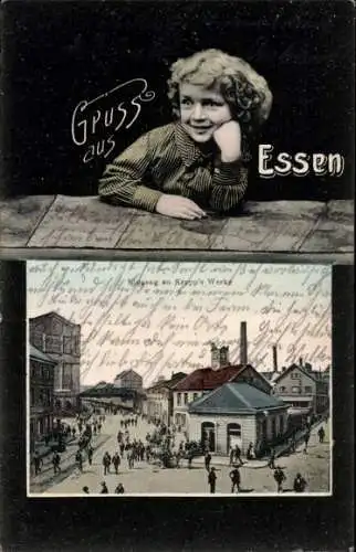 Passepartout Ak Essen im Ruhrgebiet, Krupp's Werke, Eingang, Kind