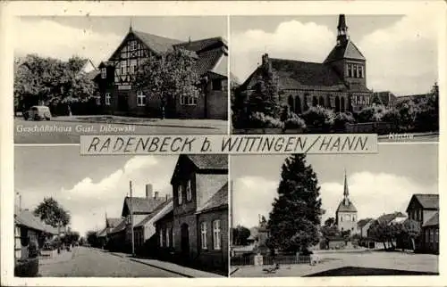 Ak Radenbeck Wittingen in Niedersachsen, Geschäftshaus Gust. Dibowski, Kirche