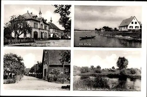 Ak Goldscheuer Kehl am Rhein, Rathaus, Schulhaus, Friedhofstraße, Altrhein, Anglerhütte