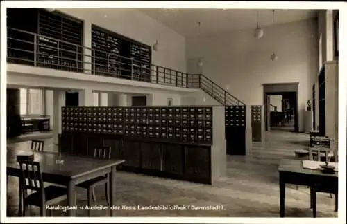 Ak Darmstadt in Hessen, Hess. Landesbibliothek, Katalogsaal und Ausleihe