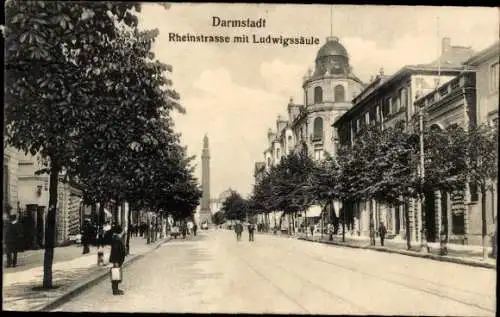 Ak Darmstadt in Hessen, Rheinstraße mit Ludwigssäule