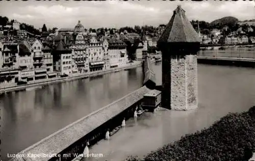 Ak Luzern Stadt Schweiz, Kapelbrücke mit Wasserturm