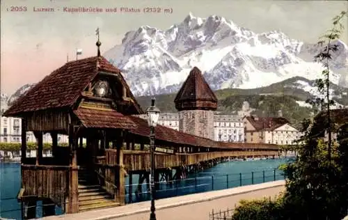 Ak Luzern Stadt Schweiz, Kapelbrücke und Pilatus