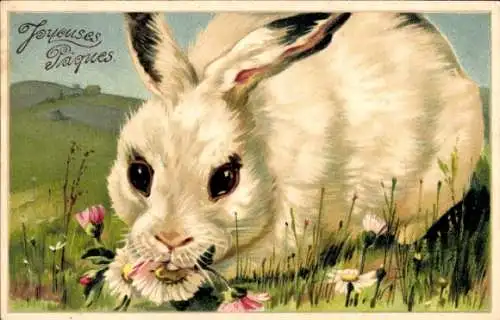Präge Litho Glückwunsch Ostern, Hase frisst Gänseblümchen