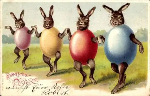 Präge Ak Glückwunsch Ostern, Osterhasen in Ostereiern halten sich an den Händen