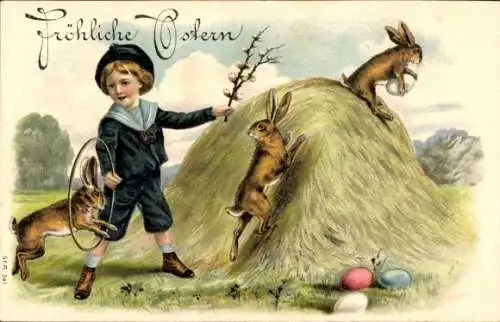 Ak Glückwunsch Ostern, Hase springt duch einen Reifen, Ostereier, Weidenkätzchen