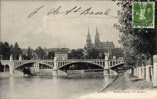 Ak Basel Stadt Schweiz, Wettsteinbrücke, Münster