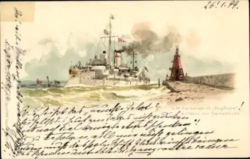 Künstler Litho Bohrdt, Hans, Swinemünde, Deutsches Kriegsschiff, SMS Siegfried, Panzerschiff