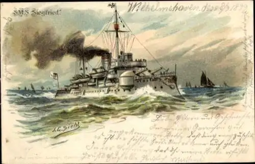 Präge Künstler Litho Siehl, Deutsches Kriegsschiff, SMS Siegfried, Küstenpanzerschiff
