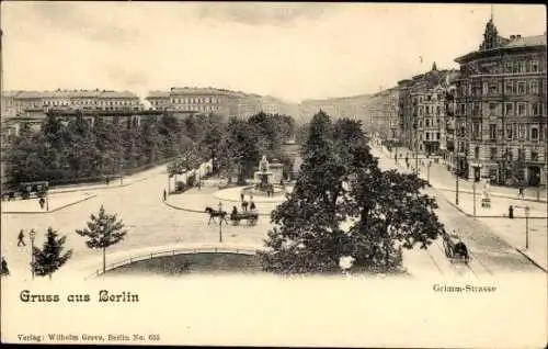 Ak Berlin Kreuzberg, Straßenleben, Parkanlage, Brunnen, Grimm Straße