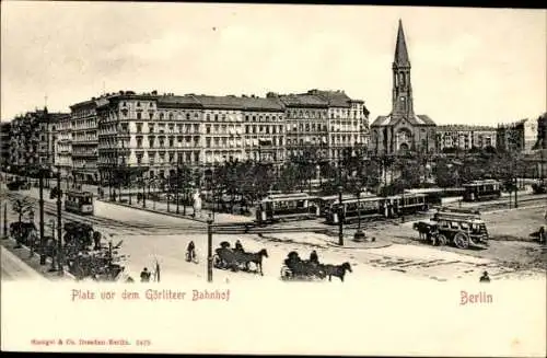 Ak Berlin Kreuzberg, Partie vor dem Görlitzer Bahnhof, Straßenbahnen, Kutsche