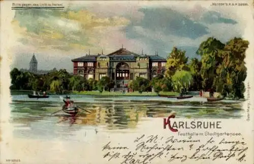 Halt gegen das Licht Mondschein Litho Karlsruhe in Baden, Festhalle, Stadtgartensee
