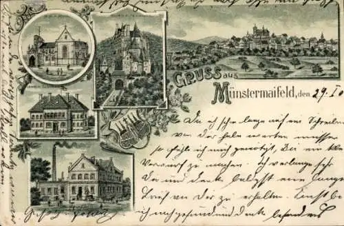 Litho Münstermaifeld an der Mosel, Lehrer-Seminar, Burg Eltz, Molkerei, Wappen