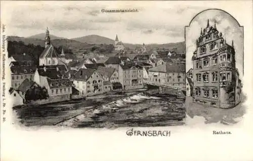 Litho Gernsbach im Murgtal Schwarzwald, Gesamtansicht, Rathaus
