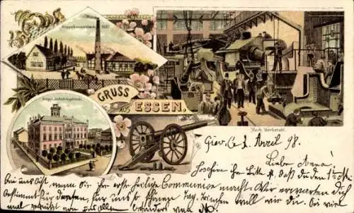 Litho Essen im Ruhrgebiet, Krupp's Stahlfabrik, Krupp's Industriegebäude, Mech. Werkstatt