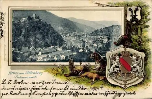 Präge Passepartout Wappen Hornberg im Schwarzwald, Gesamtansicht, Jagdszene, Jagdhund