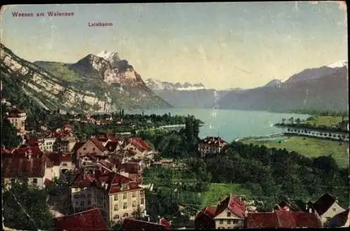 Ak Weesen Kanton Sankt Gallen, Ortsansicht mit Walensee, Leistkamm