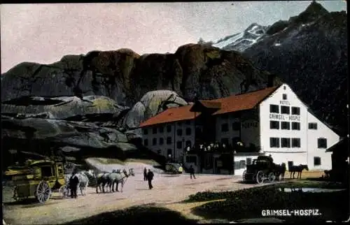Ak Kanton Bern Schweiz, Hotel Grimsel Hospiz, Postkutsche