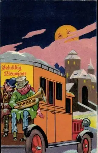 Ak Glückwunsch Neujahr, Musiker auf einem Omnibus