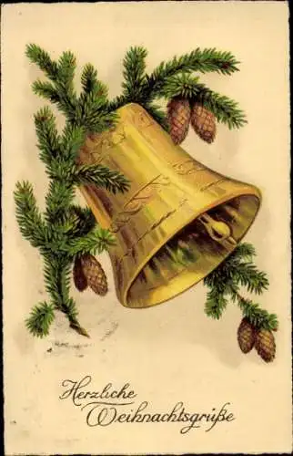 Ak Glückwunsch Weihnachten, Glocke, Tannenzweige, Zapfen