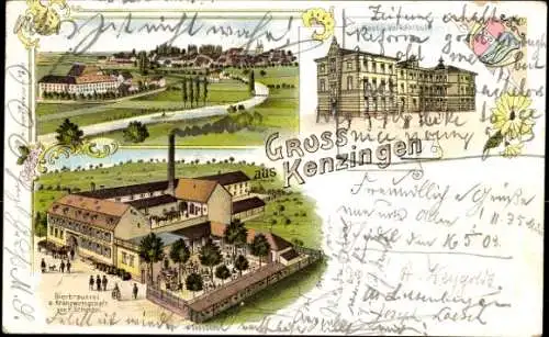 Litho Kenzingen im Breisgau Baden, Bierbrauerei, Volksschule, Totalansicht