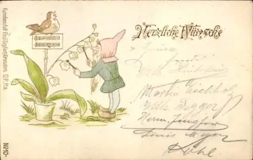 Litho Glückwunsch, Zwerg, Vogel, Maiglöckchen