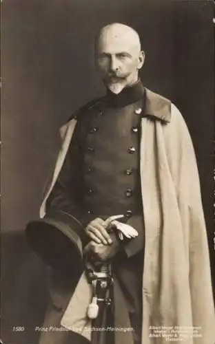 Ak Prinz Friedrich von Sachsen Meiningen, Portrait in Uniform, Mantel
