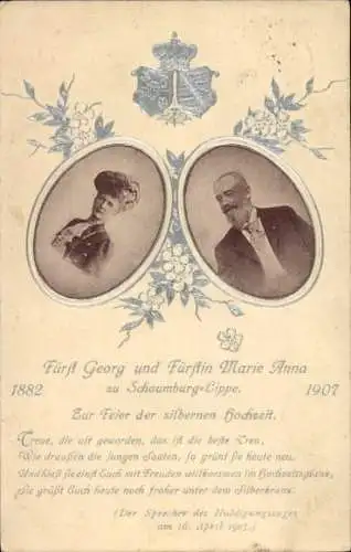 Präge Ak Fürst Georg und Fürstin Marie Anna zu Schaumburg-Lippe, Silberhochzeit 1907, Portrait