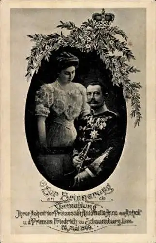 Ak Prinzessin Antoinette Anna von Anhalt, Prinz Friedrich zu Schaumburg-Lippe, Portrait, Hochzeit