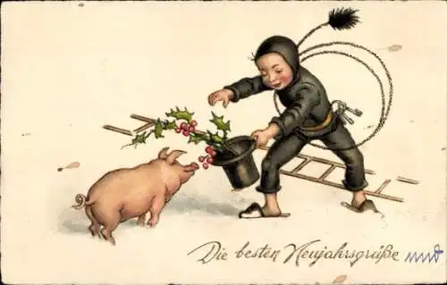 Ak Glückwunsch Neujahr, Schornsteinfeger, Schwein, Stechpalmenzweige