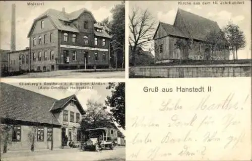 Ak Hanstedt II Uelzen in Niedersachsen, Molkerei, Kirche, Gasthaus zu den grünen Linden