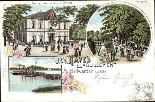 Litho Hamburg Bergedorf Billwärder, Etablissement von J. W. Have, Park, Dampfschiff Station