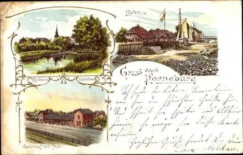 Litho Horneburg im Alten Land, Kirche, Schule, Hafen, Bahnhof, Gleisseite