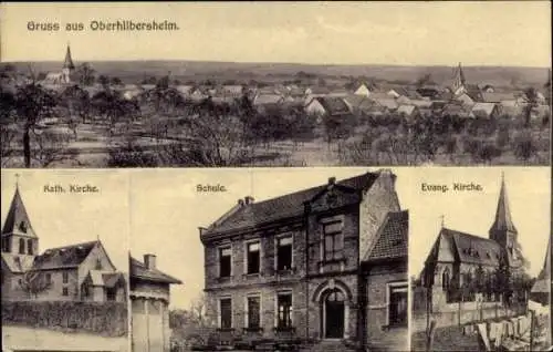 Ak Ober Hilbersheim in Rheinhessen, Kirchen, Schule, Totalansicht