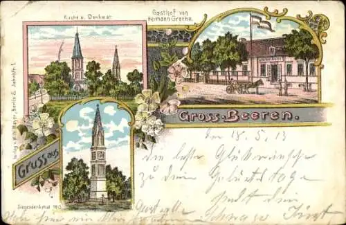 Litho Großbeeren in Brandenburg, Gasthof, Kirche, Denkmal