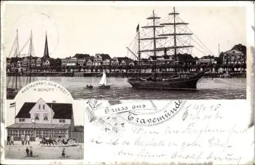 Litho Travemünde Lübeck, Restaurant zur Post, Segelschiff