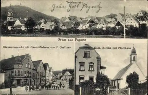 Ak Pegnitz Oberfranken, Geschäftshaus von J. Grellner, Kirche, Pfarrhaus