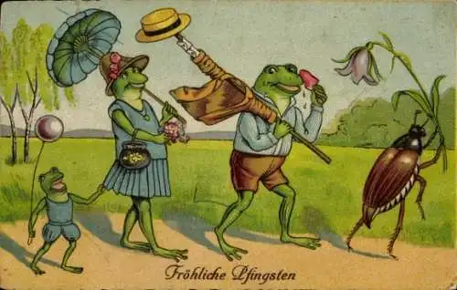 Ak Glückwunsch Pfingsten, Vermenschlichte Frösche und Maikäfer