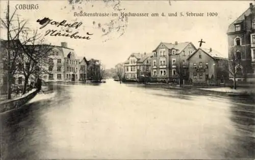 Ak Coburg in Oberfranken, Brückenstraße im Hochwasser 1909