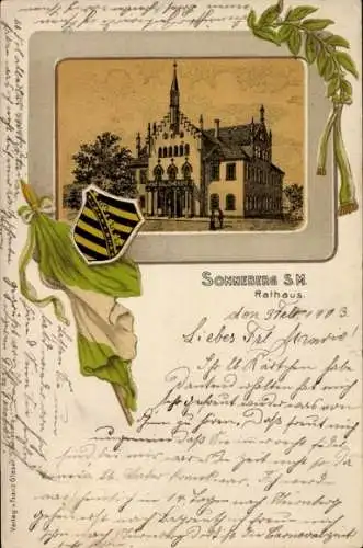 Präge Litho Sonneberg in Thüringen, Rathaus, Fahne