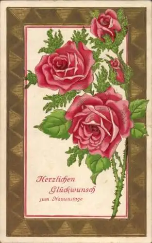 Präge Passepartout Ak Glückwunsch Namenstag, Blühende Rosen